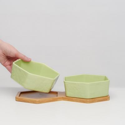 Миски керамические шестиугольные на подставке для собак средних и крупных пород, 2х800 мл, зеленые – фото 3