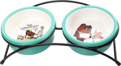 Миска керамическая двойная на подставке для кошек и собак Пора подкрепиться, 2х250 мл, зеленый