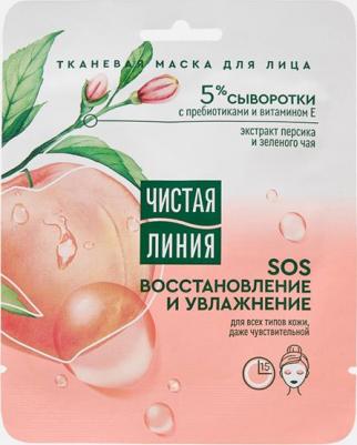 тканевая маска для лица SOS восстановление и увлажнение с экстрактами персика и зеленого чая, 15 г, 15 мл