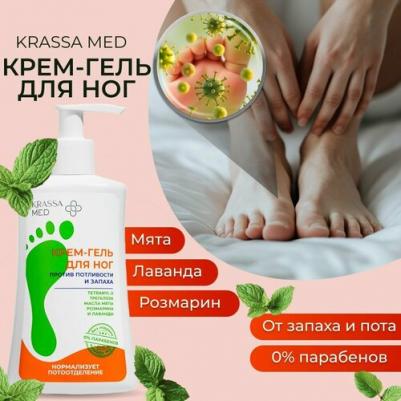 Крем-гель для стоп против потливости и запаха MED, Tetranyl+Трегалоза, Мята+Розмарин, 0% Парабенов, Без отдушек, 250 мл с дозатором – фото 1