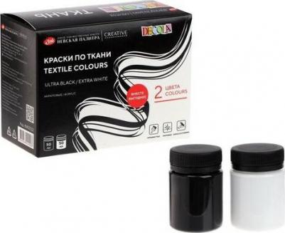 Краска по ткани, набор 2 цвета х 50 мл, ЗХК Ultra black/Extra white, белый/черный, акриловая на водной основе – фото 1