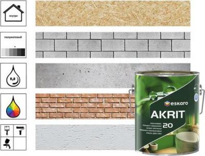 Краска акриловая Akrit-20 влагостойкая моющаяся полуматовая бесцветный 2.7 л