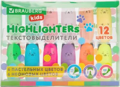 Набор текстовыделителей мини 12 цветов "Cute cats", линия 1-5 мм