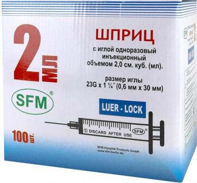 Шприц 2 мл LUER LOCK трехкомпонентный одноразовый стерильный с надетой иглой 23G 0,60х30 мм, Луер Лок, Бейджинг КНР – фото 1