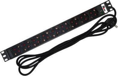 Блок розеток Rem-16 с инд., 9 Shuko, 16A, алюм., 19", шнур 1,8 м., R-16-9S-I-440-1.8 – фото 1