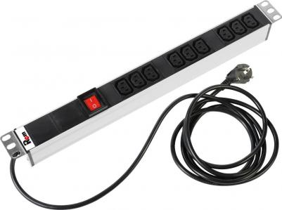 Блок розеток Rem-16 с выкл, 9 IEC 60320 C13, 16A, алюм, 19", шнур 3 м. R-16-9C13-V-440-3