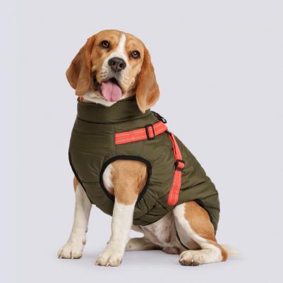 Попона теплая со шлейкой для собак, обхват шеи 48 см, обхват груди 60-69 см, длина спины 45 см, зеленая