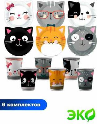 Набор одноразовой посуды для праздника Кошки с ушками: стакан, тарелка по 6 шт – фото 1