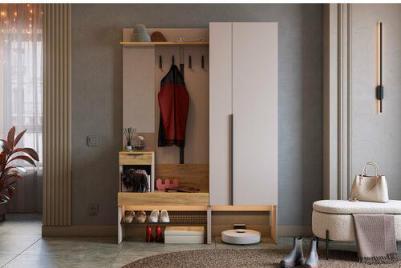 Узкая модульная прихожая "Баско К2", цвет Кашемир/дуб крафт золотой, 140*35*195 см – фото 1