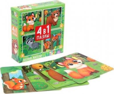 Пазлы 4 в 1 "Лесные жители", 4, 6, 9, 12 элементов 5411907 – фото 1