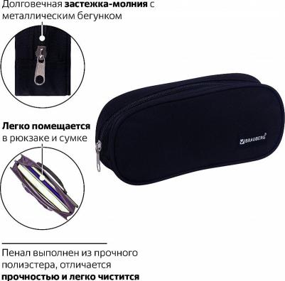 Пенал-косметичка овальный, полиэстер, "Black", 22х9х5 см, 229271 – фото 7