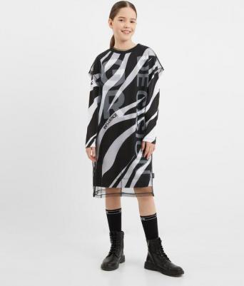 Платье с длинным рукавом из трикотажа и сетки чёрно-белое, 158, 22409GJC5003 – фото 4