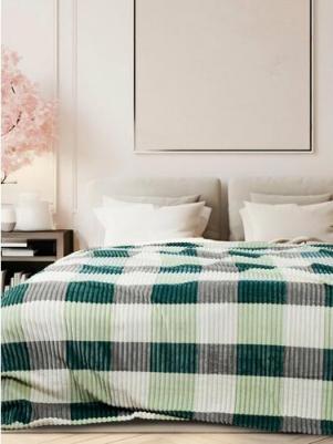 Плед Orrizonte Print 150х200 полуторный зеленый в клетку пушистый велсофт – фото 3