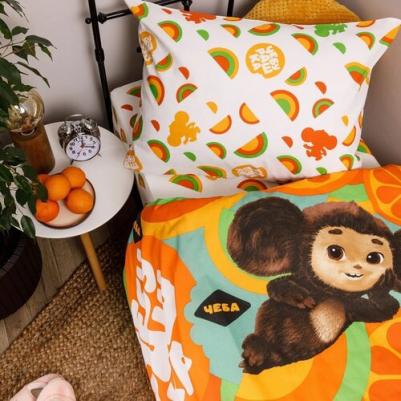 Постельное белье 1 5 спальное детское Чебурашка Апельсиновый друг, наволочка 50х70, 100% хлопок, ткань поплин