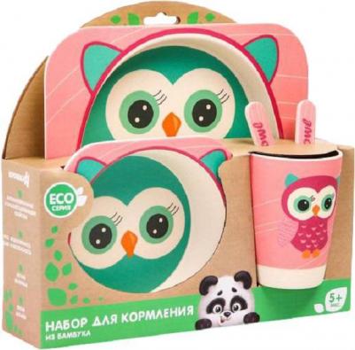 Набор детской бамбуковой посуды "Совушка", тарелка, миска, стакан, приборы, 5 предметов – фото 2