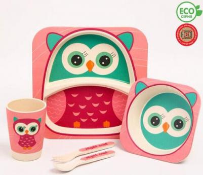 Набор детской бамбуковой посуды "Совушка", тарелка, миска, стакан, приборы, 5 предметов