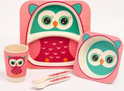 Набор детской бамбуковой посуды "Совушка", тарелка, миска, стакан, приборы, 5 предметов – фото 3