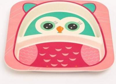 Набор детской бамбуковой посуды "Совушка", тарелка, миска, стакан, приборы, 5 предметов – фото 4