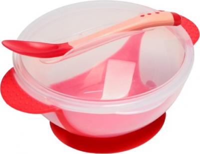 Набор для кормления, 3 предмета: миска 350 мл на присоске, крышка, ложка, цвет красный – фото 3