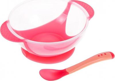 Набор для кормления, 3 предмета: миска 350 мл на присоске, крышка, ложка, цвет красный