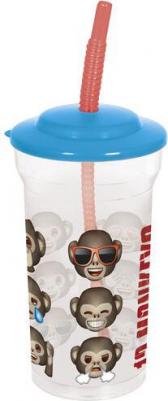 Стакан с соломинкой и крышкой прозрачный, 460 мл, Эмодзи 12 обезьян