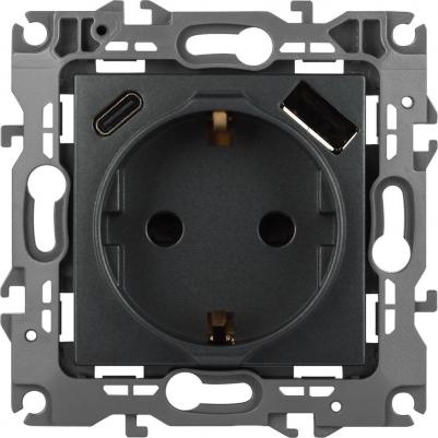 12-4108-12 Розетка Серия 12 12-4108-12 2P+E 16A-250В со шторками с USB type-A+C 5В-3А графит, цена за 1 шт