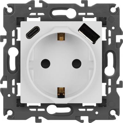 14-4108-01 Розетка Elegance 14-4108-01 2P+E 16A-250В со шторками с USB type-A+C 5В-3А белый, цена за 1 шт