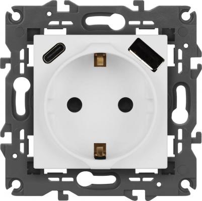 14-4108-01М Розетка Elegance 14-4108-01М 2P+E 16A-250В со шторками с USB type-A+C 5В-3А белый матовый, цена за 1 шт