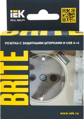 BRITE Розетка 1-местная с заземлением с защитными шторками 16А с USB A+A 5В 2,1А РЮш10-1-БрШ шампань, цена за 1 шт – фото 1
