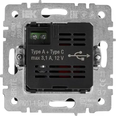 BRITE Розетка USB A+C 18Вт РЮ11-1-БрШ шампань, цена за 1 шт – фото 1