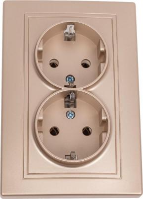 1-205-04 Розетка Plano 1-205-04 с заземлением двойная 2X2P+E Schuko, 16А-250В, IP20, СУ, шампань, цена за 1 шт – фото 1