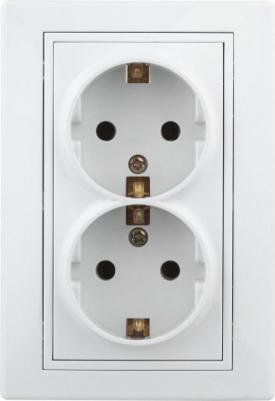 1-208-01 Розетка Plano 1-208-01 с заземлением двойная 2X2P+E Schuko со шторками, 16А-250В, IP20, СУ, белый, цена за 1 шт