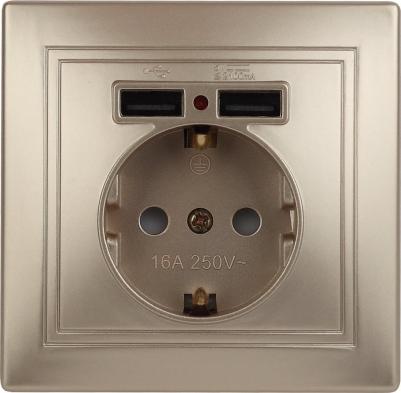 1-410-04 Розетка Plano 1-410-04 с заземлением 2P+E Schuko со шторками, 16А-250В + 2хUSB 5В-2,1А, IP20, СУ, шампань, цена за 1 шт