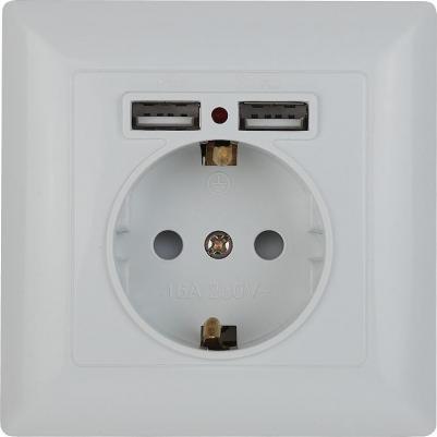 4-410-01 Розетка Solo 4-410-01 с заземлением P+E Schuko со шторками, 16А-250В + 2хUSB, IP20, СУ, белый, цена за 1 шт