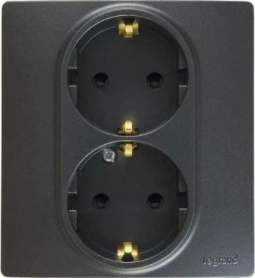 Розетка 2-м СП Etika защитные шторки, с заземлением, авт. в сборе антрацит Leg1066 – фото 1