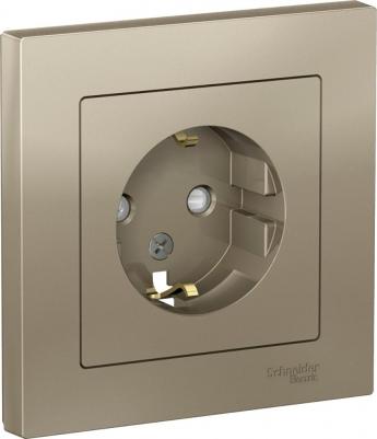 Розетка ATLASDESIGN, скрытый монтаж, однопостовая, с з/к, со шторками, 16A, в сборе, IP20, шампань