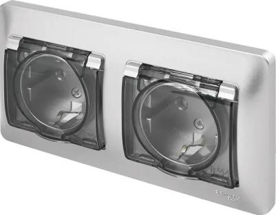 Розетка SE Glossa Алюминий 2-ая с/з, со шторками, в сборе, IP44 – фото 11