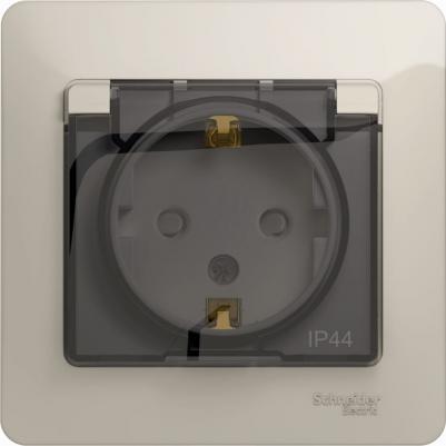 Розетка SE Glossa Молочная с/з со шторками с крышкой IP44 (в сборе) – фото 1