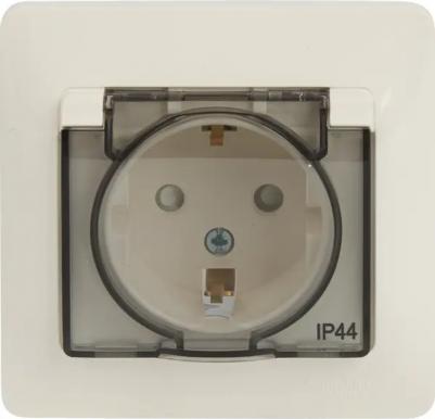 Розетка SE Glossa Молочная с/з со шторками с крышкой IP44 (в сборе)