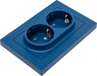 SE AtlasDesign Аквамарин Розетка двойная с/з со шторками, 16А, в сборе, арт. ATN001126