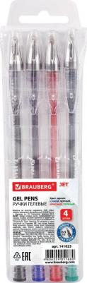Ручки гелевые, НАБОР 4 шт., АССОРТИ, "Jet", узел 0,5 мм, линия письма 0,35 мм, 141023