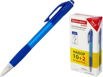 Ручки шариковые автоматические с грипом СИНИЕ "10+2 В ПОДАРОК!" "SUPER", НАБОР 12 штук, 143380 – фото 3