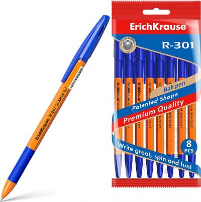 Набор ручек шариковых R-301 Orange Stick&grip, 8 штук, узел 0.7 мм, цвет чернил синий, резиновый упор, корпус оранжевый 4041485565697