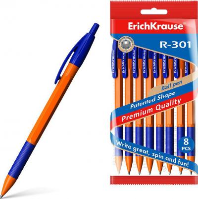 Набор ручек шариковых R-301 Orange Stick&Grip, 8 штук, узел 0.7 мм, цвет чернил синий, резиновый упор, корпус оранжевый