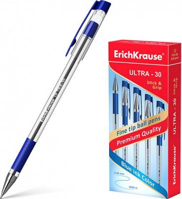 Ручка шариковая масляная с грипом "Ultra-30", СИНЯЯ, корпус прозрачный, узел 0,7 мм, линия письма 0,26 мм, 19613 – фото 9