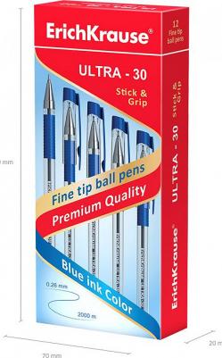 Ручка шариковая масляная с грипом "Ultra-30", СИНЯЯ, корпус прозрачный, узел 0,7 мм, линия письма 0,26 мм, 19613 – фото 12