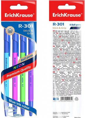 Ручка шариковая ® R-301 Neon Stick&Grip 0.7, синий в пакете 4 шт – фото 1