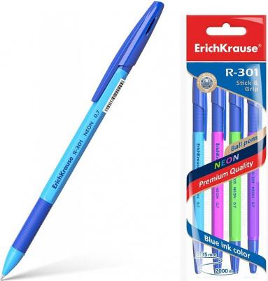 Ручка шариковая ® R-301 Neon Stick&Grip 0.7, синий в пакете 4 шт