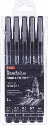 Набор черных линеров Noir -Terra Colora-. 0.1/0.3/0.5/0.7mm/Brush. 5шт в ПВХ-боксе – фото 1