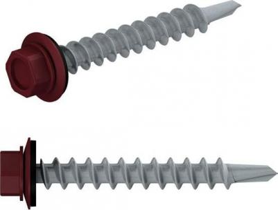 Кровельный саморез 4.8x29 мм, цинк, шайба с прокладкой, PT1, RAL 3005, 5000 шт. в коробе SM-32185-5000 используется для крепления металлочерепицы или